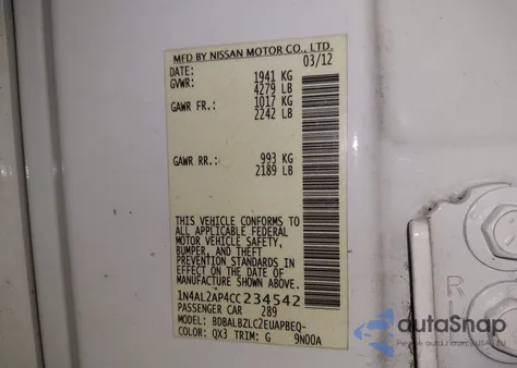 2012 Nissan Altima 2.5 S z USA, uszkodzony, nr VIN 1N4AL2AP4CC234542